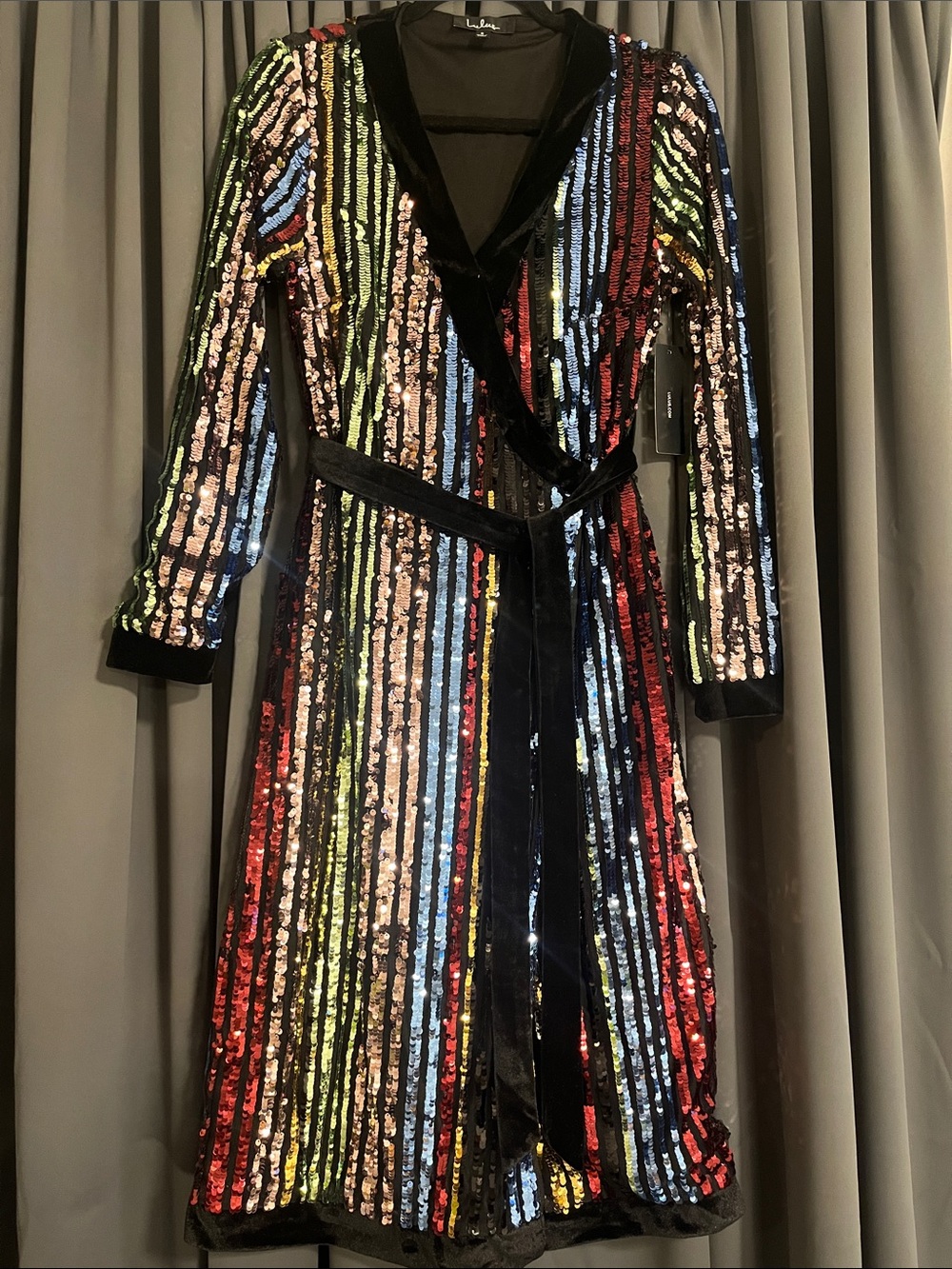 Lulu's Multicolor Sequin Wrap Dress with Black Trim